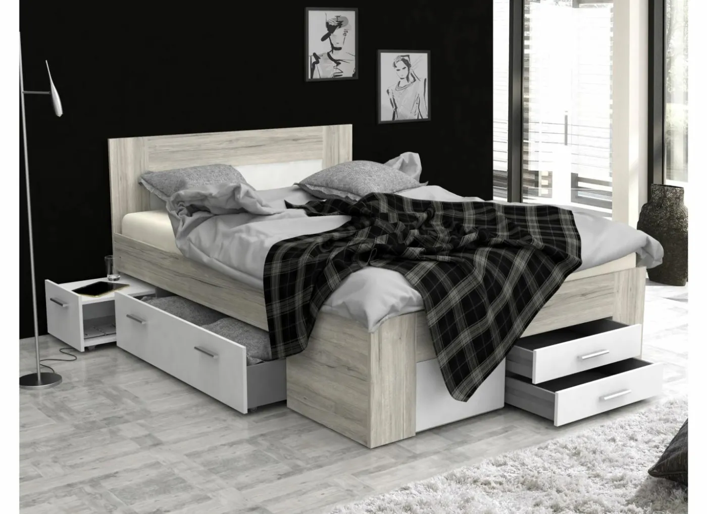 Bed Udine 140x200cm - decor - zand eik & wit met opbergruimte