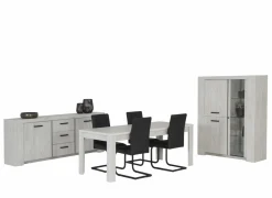 Eetkamer Elvis met 4 stoelen Quartz - tafel 190x90cm - dressoir 220cm - vitrinekast 133cm