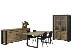 Eetkamer Estrella met 4 stoelen Charlton - tafel 190x95cm - dressoir 225cm - vitrinekast 126cm