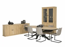 Eetkamer Grimaldi eik massief, met 4 stoelen Cloud - tafel 250x128cm - dressoir 240cm - vitrinekast 120cm