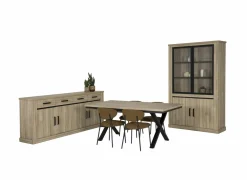 Eetkamer Tibo met 4 stoelen Jumper - tafel 190/250x100cm - dressoir 235cm - vitrinekast 135cm