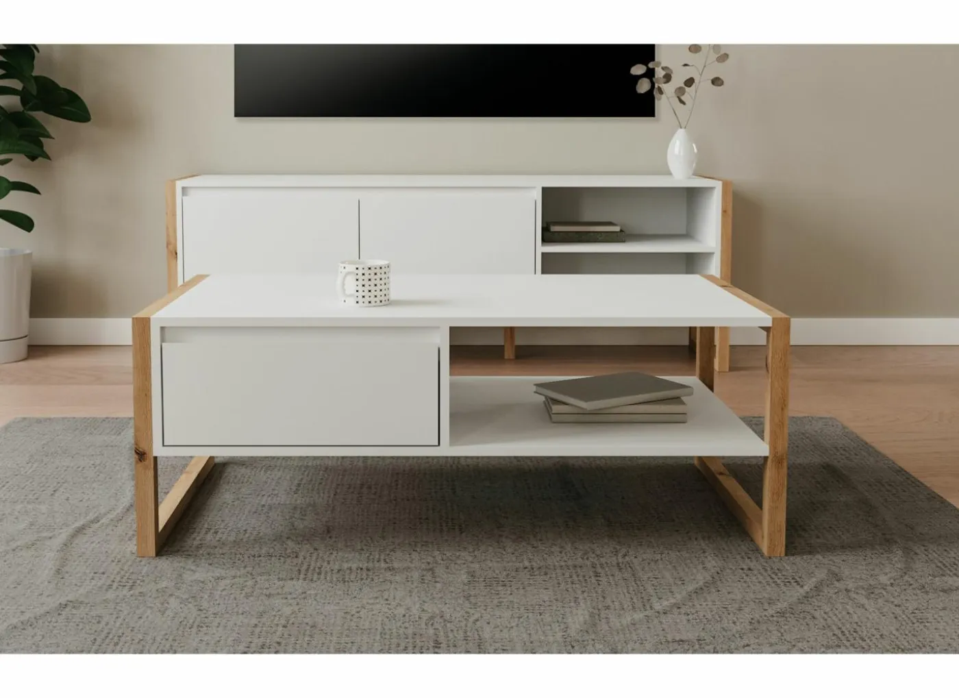 Salontafel Denver 100x40x55cm - decor - wit & artisanale eik