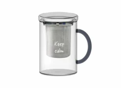 Theeglas Keep Calm 42cl - glas & RVS - transparant & blauw