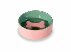 Voerbak Ø12cm - stoneware - roze & groen